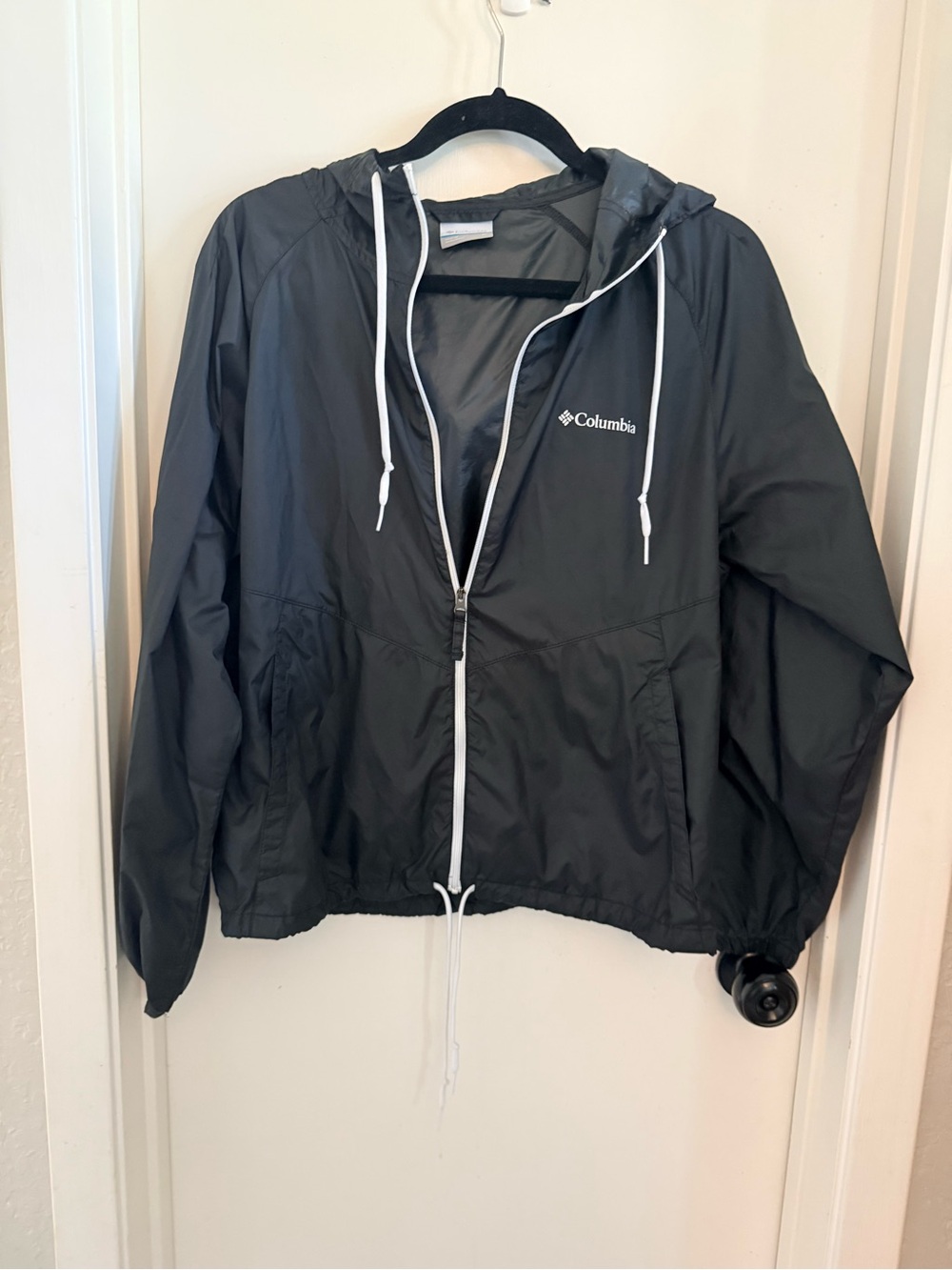 Columbia Kids Black Hooded Packable Rain Jacket with White Trim